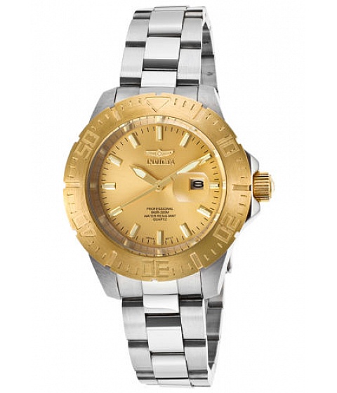 Ceas Fashion Invicta Watch 15331 Women's Pro Diver Gold Tone Dial Stainless Steel. Ceasurile de mana Invicta sunt unele dintre cele mai apreciate ceasuri de dama si barbati din lume. Numele acestui brand vine din latinul invincibil iar designul acestor ceasuri reprezinta pe deplin cuvantul de origine: sunt indraznete, inovatoare, de o calitate impecabila, cu un aspect perfect si totodata - tinand cont de preturile la care sunt acestea comercializate - castiga in majoritatea comparatiilor cu alte marci de ceasuri cand vine vorba de raportul calitate - pret.
