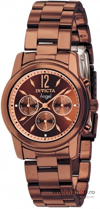 Ceas de mana Invicta ANGEL 12510 de dama. Invicta, nu este un ceas pur elvetian sau pur american, fiecare piesa a ceasurilor Invicta fiind atent conceputa de catre cei mai mari maestri ceasornicari elvetieni de la ETA, Ronda, Isaswiss sau de japonezii de la Citizen Miyota. Ceasurile Invicta sunt ceasurile ce isi respecta numele: Invicibile, fiabile, rezistente, accesibile tuturor indiferent de coltul de lume. Ca orice brand de ceasuri care se respecta, Invicta lanseaza si cateva modele de ceasuri de dama exclusiviste, adevarate raritati si cu preturi pe masura. Ceasurile de mana exclusiviste Invicta sunt adevarate piese de arta: bijuterii ce preced si exced timpul.