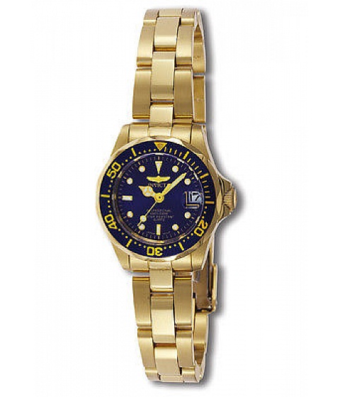 Gold Invicta Watch 8944 Women's Pro Diver Blue Dial 18k Yellow Gold Plated. Pentru a acoperi o gama larga de gusturi si nevoi, Invicta si-a crescut constant numarul de modele ajungind in prezent la mai mult de 20 de colectii. Printre acestea regasim Reserve, Akula Reserve, Subaqua, Specialty, Seaspider, Russian Diver, S1, Coalition Forces, Corduba, Pro Diver, Ocean Quest, Speedway, Force, Vintage, Lupah, Yellow Adrenaline, Wildflower, II sau Elements. Se poate spune astfel cu destula certitudine ca Invicta poate satisface si cele mai particulare cerinte ale celor interesati de un ceas de mana. De exemplu colectia Lupah Swiss Chronograph a fost foarte bine primita de pasionatii din intreaga lume iar seriile Vintage sau Object dArt au inviat stilul clasic prin mecanisme automate, indicatoare pentru fazele lunii sau cadrane deschise. Este bine de stiut ca Invicta Watch Group mai detine in portofoliu branduri ca Activa, S.Coifman, Potger-Pietri, Cacciato & Joss, Brizo, Pastorelli sau Technica. Fiecare dintre acestea este conceput pentru a satisface cerintele diferitelor tipuri de iubitori ai ceasurilor.