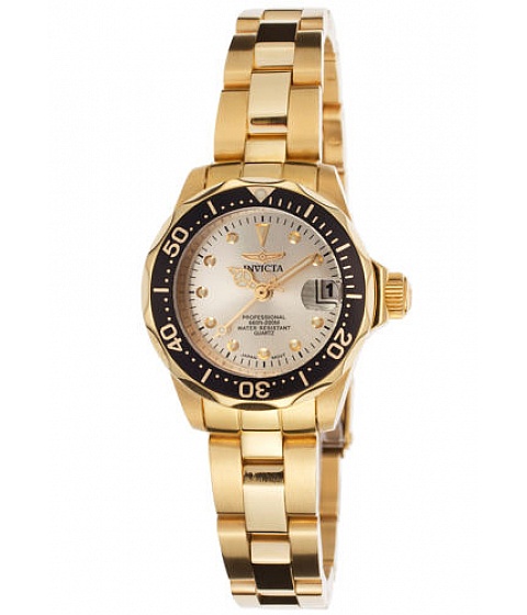 Gold Watch Invicta 17038 Women's Pro Diver Gold Tone Steel Case Gold Tone Dial Gold Tone. Ceasurile de mana Invicta sunt unele dintre cele mai apreciate ceasuri de dama si barbati din lume. Numele acestui brand vine din latinul invincibil iar designul acestor ceasuri reprezinta pe deplin cuvantul de origine: sunt indraznete, inovatoare, de o calitate impecabila, cu un aspect perfect si totodata - tinand cont de preturile la care sunt acestea comercializate - castiga in majoritatea comparatiilor cu alte marci de ceasuri cand vine vorba de raportul calitate - pret.